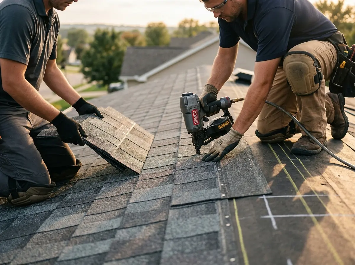 Professional roofer working on a residential roof in Gallup
